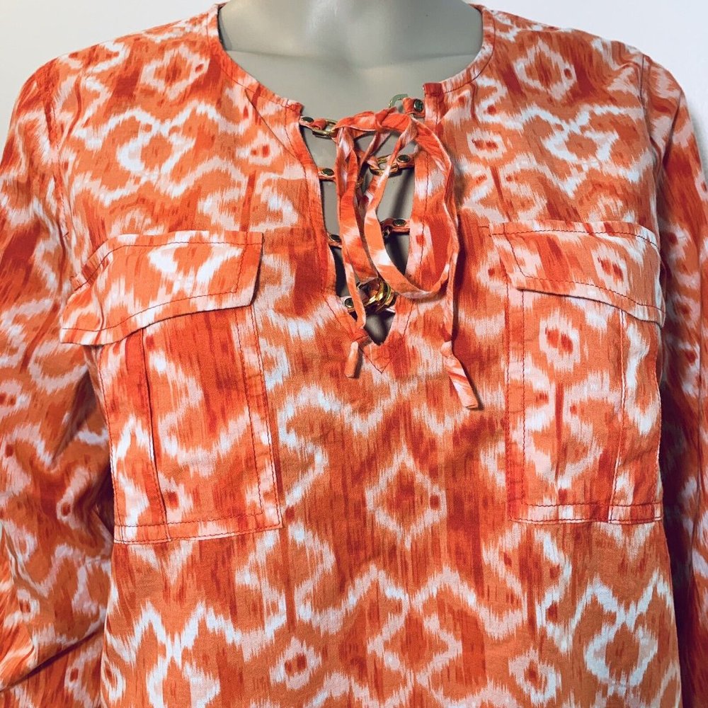 Michael Kors Women's Tunic Blouse Cotton Long Sleeves Orange Medium Size Pockets - Picture 2 of 11